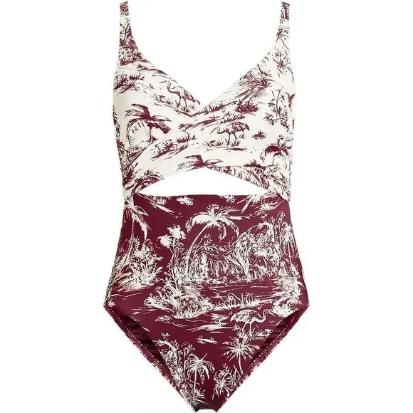 Land's End One piece monokini swimsuit adjustable egret burgundy scenic mix Var - Picture 6 of 7